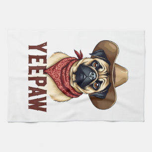 Vintage Cowboy Pugs YeePaw Western Honden Illustra Theedoek