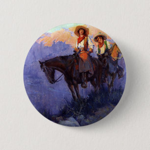 Vintage Cowboys, Man and Voman on Horses, Anderson Ronde Button 5,7 Cm