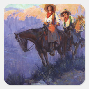 Vintage Cowboys, man en vrouw op paarden, Anderson Vierkante Sticker