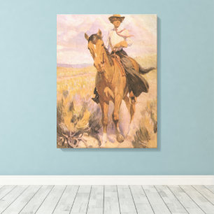 Vintage Cowgirl Cowboy, Vrouw te Paard door Dunton Canvas Afdruk