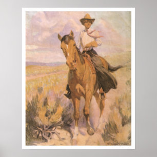Vintage Cowgirl Cowboy, vrouw te paard door Dunton Poster