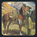 Vintage Cowgirl en paarden Vierkante Sticker<br><div class="desc">Vintage Cowgirl en paarden</div>
