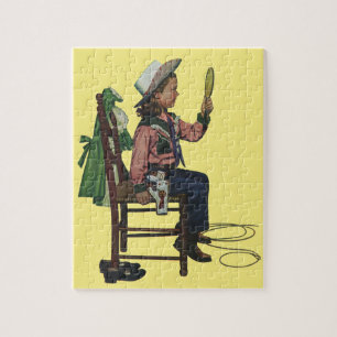 Vintage Cowgirl Meisje Kijkt in Spiegel Ze is zo I Legpuzzel