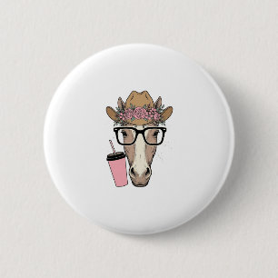 Vintage Cowgirl Paard Met Bloemen en Roze Drank Ronde Button 5,7 Cm