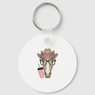 Vintage Cowgirl Paard Met Bloemen en Roze Drank Sleutelhanger