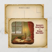 Vintage Cozy Winter Postcard – Season’s Greetings  Feestdagenkaart (Voorkant / Achterkant)