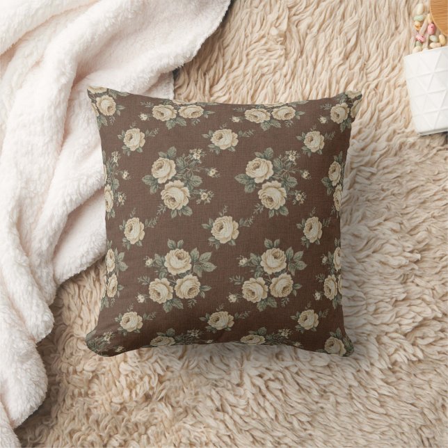 Vintage Cream Roses on Mocha Brown Pattern Kussen (Deken)