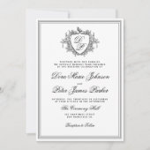 Vintage crest black and white monogram wedding kaart (Voorkant)