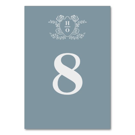 Vintage Crest Bloem Monogram Blauwe Trouw Kaart (Voorkant)