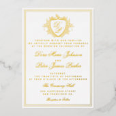 Vintage crest gold foil monogram wedding folie uitnodiging (Voorkant)
