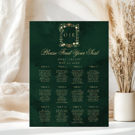 Vintage Crest Monogram Green Gold Wedding Seating Poster