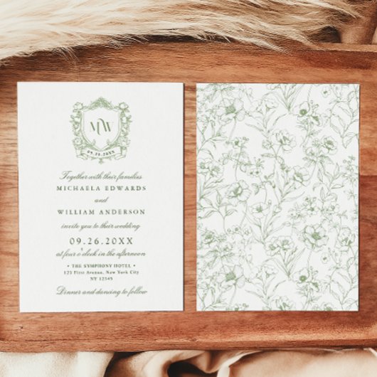 Vintage Crest Monogram Logo Botanische Bruiloft Kaart