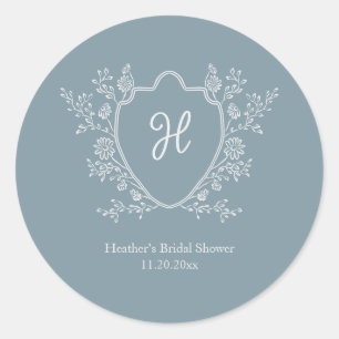 Vintage Crest Script Monogram Blauwe Bruidsdouche Ronde Sticker