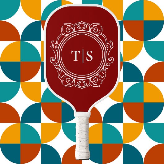 Vintage Crimson Red Ornate Monogram Pickleball Paddle