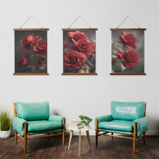 Vintage Crimson Roses Triptiek - Sfeervolle Botani Hangend Wandkleed