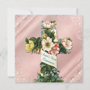 Vintage Cross Vintage Roze Eerste Communie Kaart