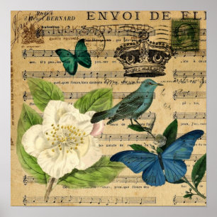 vintage crown bird Music Notes french botanical Poster