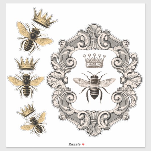 Vintage Crowned Bees Vinyl Decals Sticker (Vel)