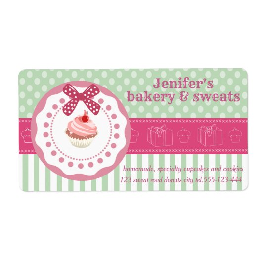 Vintage cupcakes en koekjes poka dots etiket (Voorkant)