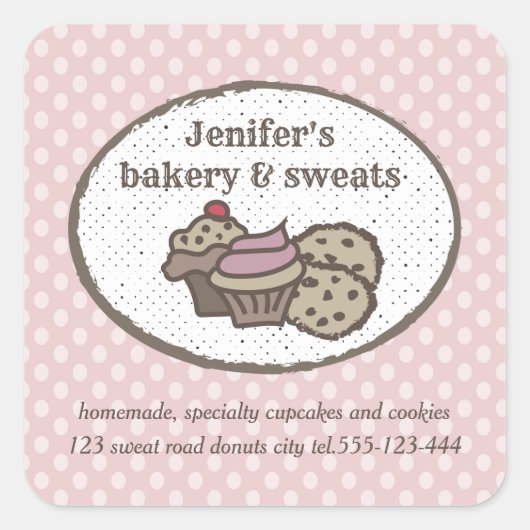 Vintage cupcakes en koekjes poka dots vierkante sticker (Voorkant)