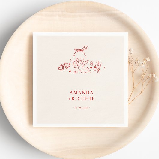 Vintage Cupid Cherub Hand Drawn Wedding Engagement Servet