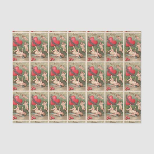 Vintage Cupid Cherub Red Hearts Valentijn Briefkaa Tissuepapier (Voorkant)