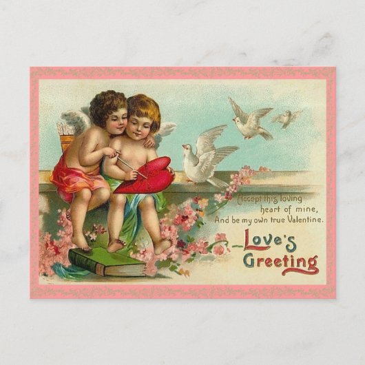 Vintage Cupid en Doves Briefkaart (Voorkant)