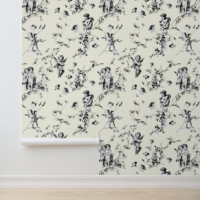 Vintage Cupid-Engelen Bloem Zwart Wit Toile Behang (Applicatie)