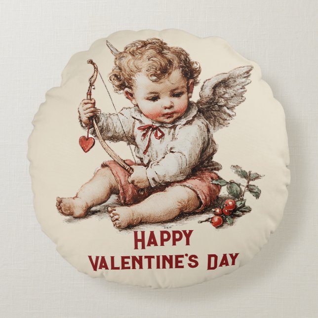 Vintage Cupid met Hartboog Rond Kussen (Voorkant)