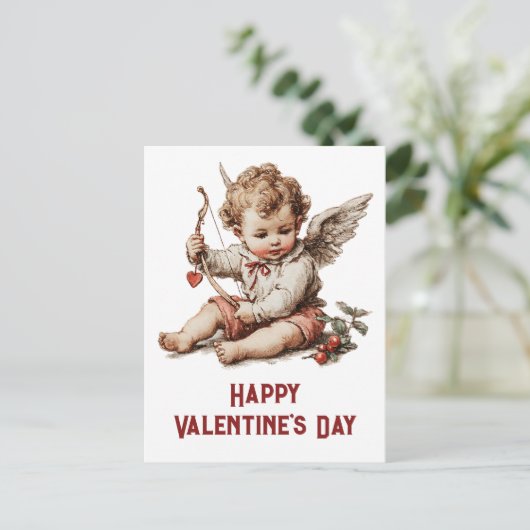 Vintage Cupid With Heart Bow Briefkaart (Staand voorkant)