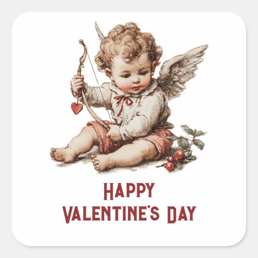 Vintage Cupid With Heart Bow Vierkante Sticker (Voorkant)