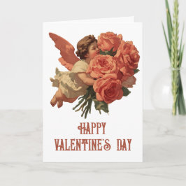 Vintage Cupid with Rose Bouquet Kaart