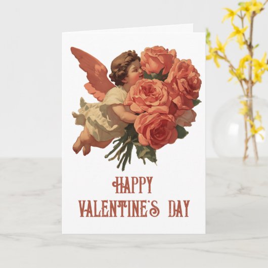 Vintage Cupid with Rose Bouquet Kaart (Gele Bloem)