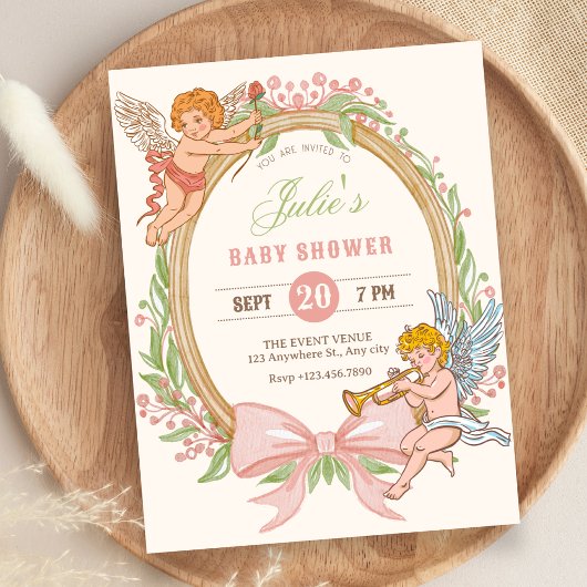 Vintage cupido bloemboog babyshower kaart