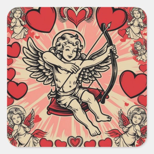 Vintage cupido liefde vierkante sticker (Voorkant)