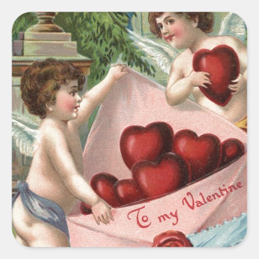 Vintage Cupids Valentijn Vierkante Sticker (Voorkant)