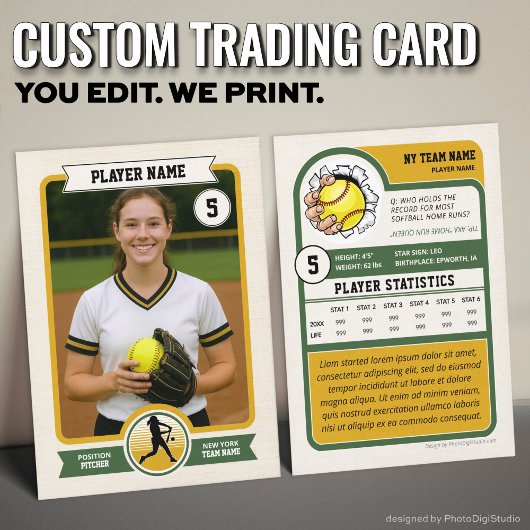 Vintage Custom Softball Trading Card, Green Player Contactkaartje