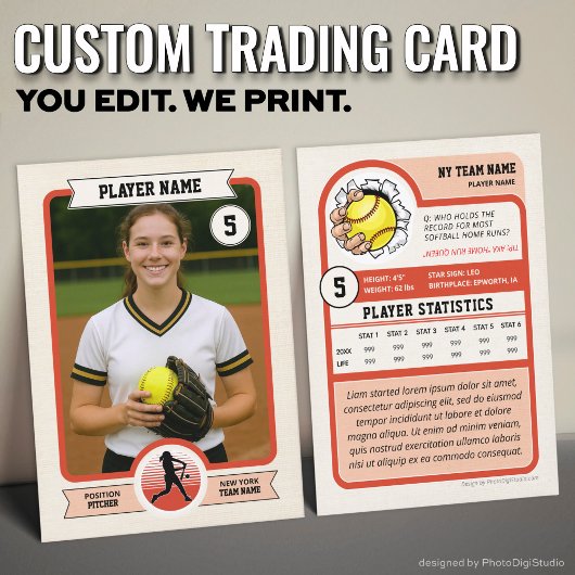 Vintage Custom Softball Trading Card, Red Player Contactkaartje