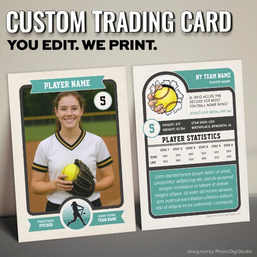 Vintage Custom Softball Trading Card, Teal Player Contactkaartje