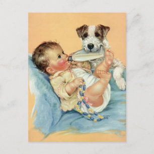 Vintage Cute Baby Boy met fles en Puppy Dog Briefkaart