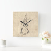 Vintage Cute Bunny Rabbit Art Script Background Vierkante Klok (Huis)