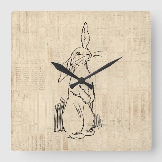 Vintage Cute Bunny Rabbit Art Script Background Vierkante Klok (Voorkant)
