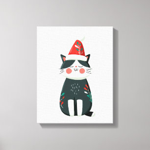 Vintage Cute Kat in Kerstman Hoed – Knus Kerstfees Canvas Afdruk