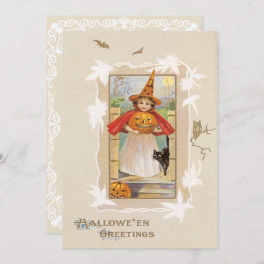 Vintage Cute Little Witch Halloween Kaart (Voorkant / Achterkant)
