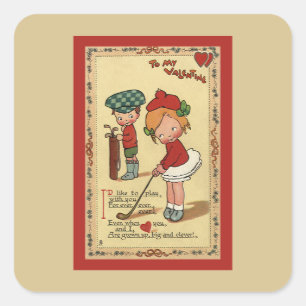 Vintage Cute Valentijnsdag, kindersport Golf Vierkante Sticker