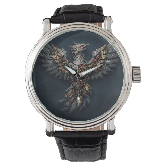 Vintage Cyber-Phoenix:Aged Gold & Neon Mythic Bird Horloge (Voorkant)
