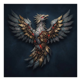 Vintage Cyber-Phoenix: Verguld & Neon Mythische Vo Foto Afdruk