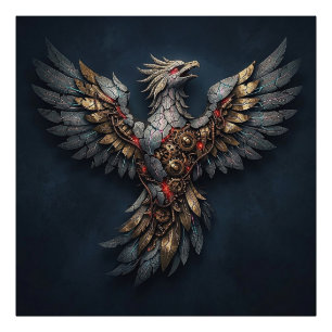 Vintage Cyber-Phoenix: Verguld & Neon Mythische Vo Foto Afdruk