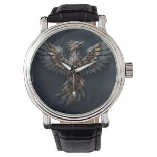 Vintage Cyber-Phoenix: Vergulde en Neon Mythische  Horloge