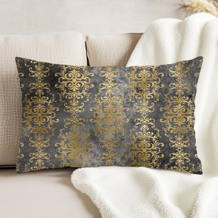 Vintage Damask Houtskool en Goud Vervuild Accent Kussen